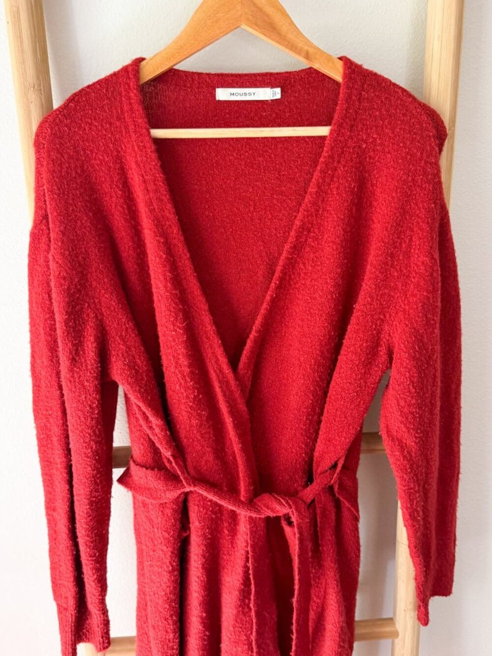 Moussy Red Knit Robe Longline Belted Cozy Lounge Women’s One Size OS - Picture 2 of 7